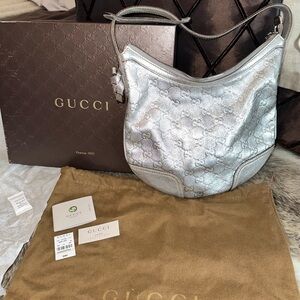 Gucci Metallic Silver Leather Princy Hobo Handbag authentic box dust bag